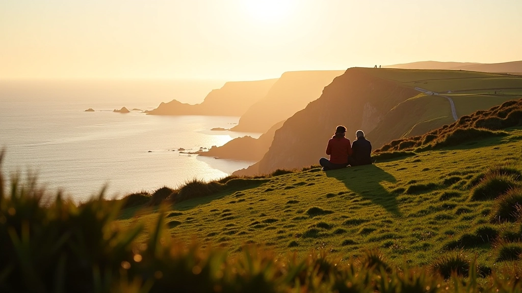 Late afternoon coastal light casting long shadows across clifftop grass, few visitors scattered, warm golden hour approaching