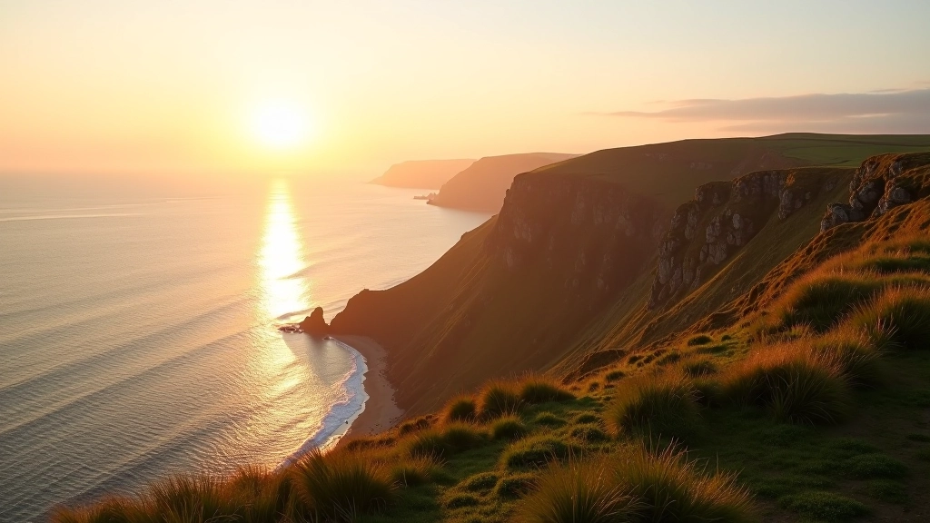 Golden sunrise light over coastal clifftop grass with calm Atlantic Ocean in background, early morning atmosphere