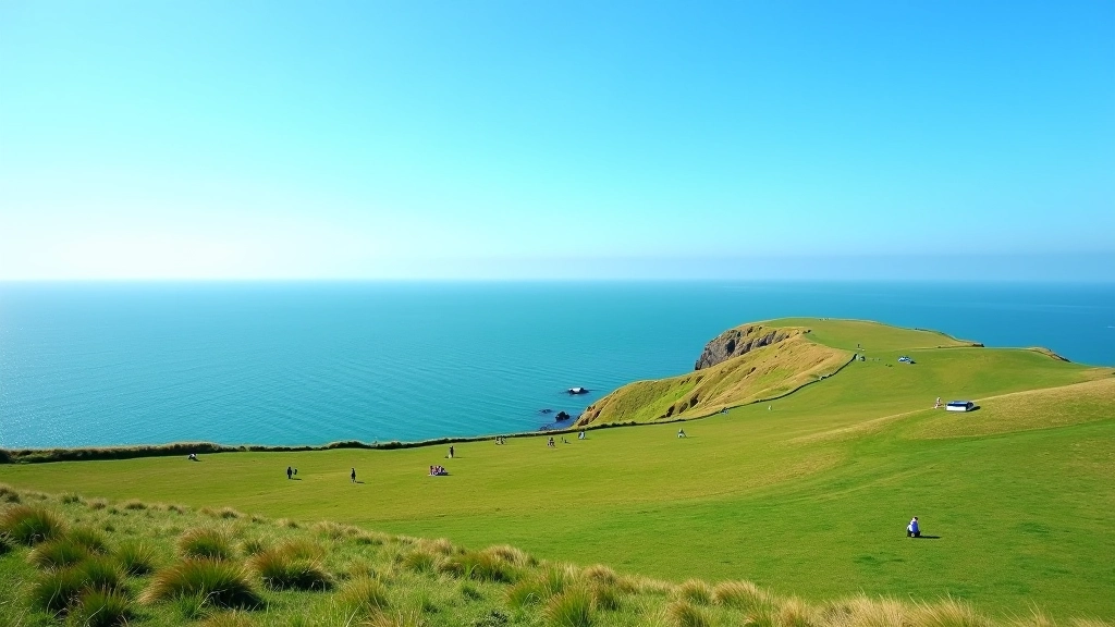 Bright midday sun over headland with scattered visitors sitting on coastal grass, clear blue sky and ocean view