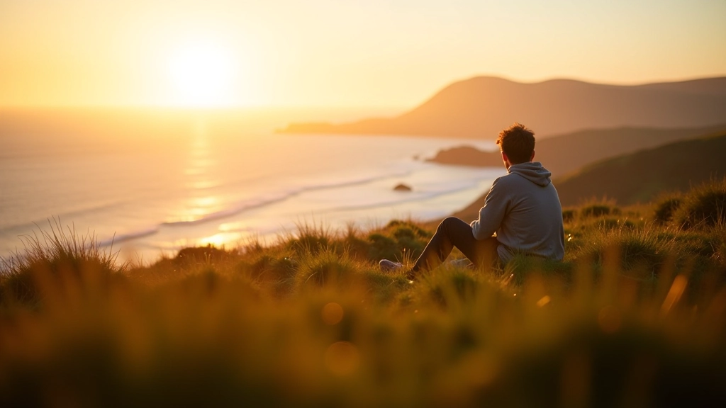Afternoon golden hour light casting long shadows across coastal headland, calm ocean, people sitting at distance enjoying views