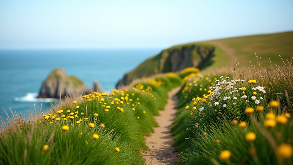 Scenic coastal path with wildflowers along Old Head of Kinsale headland in spring