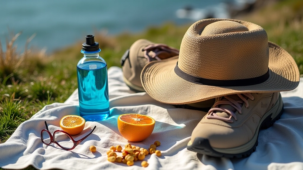 Flat lay of walking essentials on picnic blanket including water bottle, snacks, sunscreen, and comfortable walking shoes
