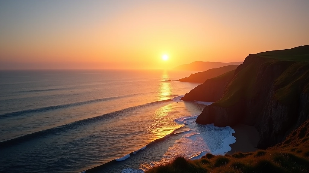 Serene coastal view with calm ocean waters at sunset