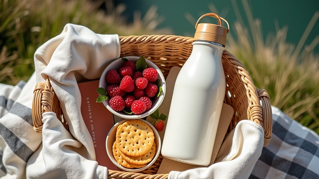 Overhead view of picnic essentials laid out on a natural woven basket, including water bottle, fresh fruit, crackers, and a folded linen cloth