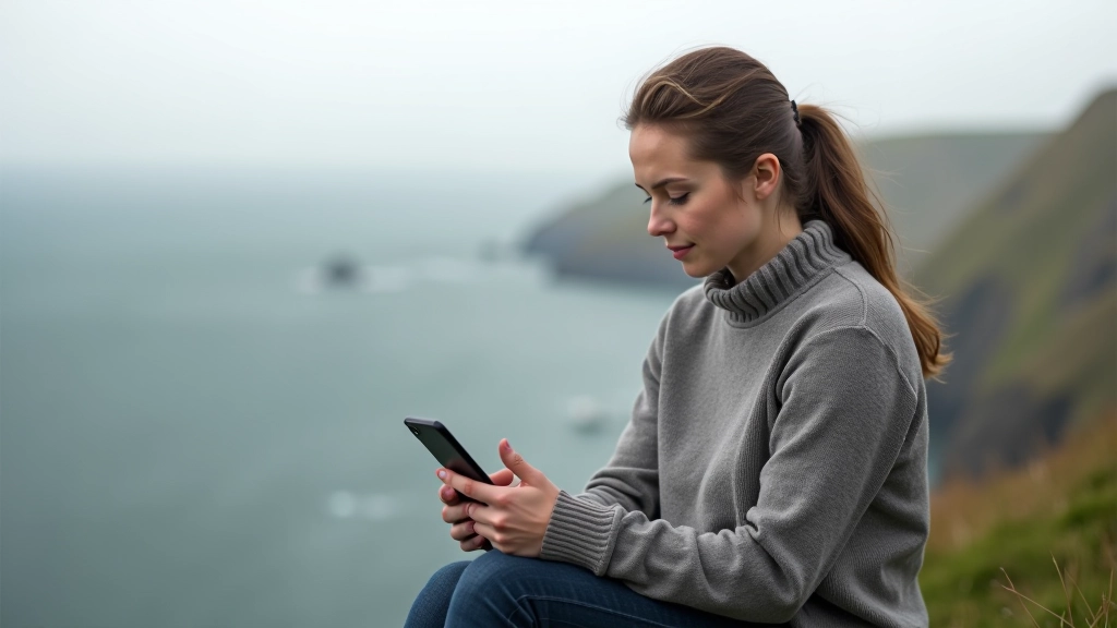 Person checking weather on phone while sitting outdoors, with clifftop landscape visible in soft focus behind