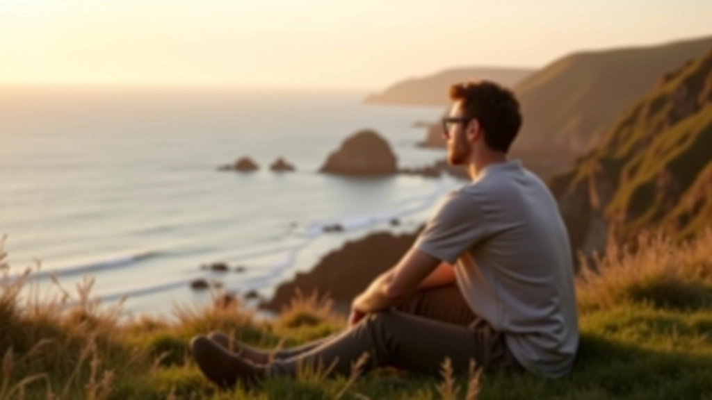 Person sitting peacefully on coastal grass overlooking ocean at dusk, contemplative moment, golden warm light, peaceful coastal landscape