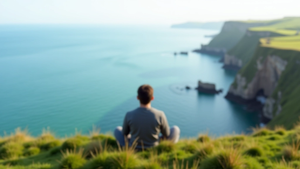 Person sitting on coastal grass overlooking calm blue sea from clifftop rest area