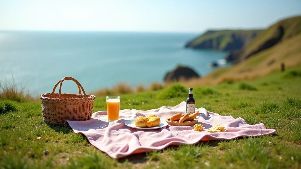Picnic setup with blanket and food on clifftop overlooking Irish coastline
