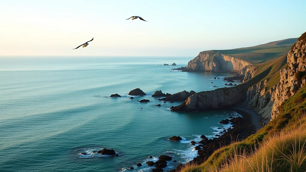 Calm seascape view from clifftop bench showing rocky coastline, seabirds in flight, and turquoise water, peaceful composition