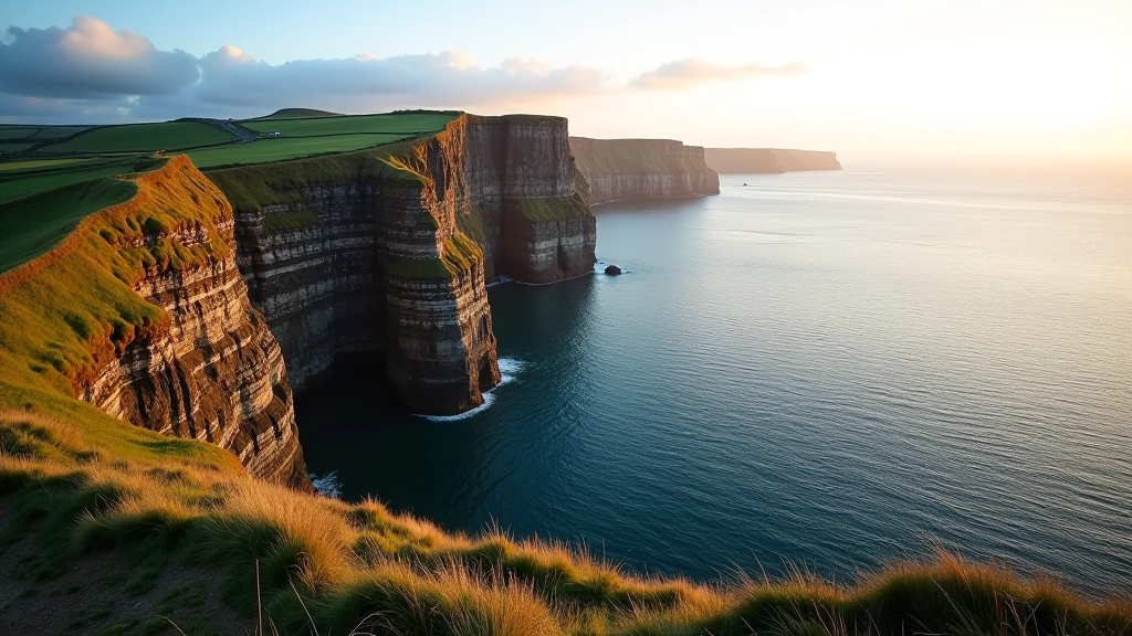 Dramatic coastal cliffs overlooking calm Atlantic Ocean at Old Head of Kinsale