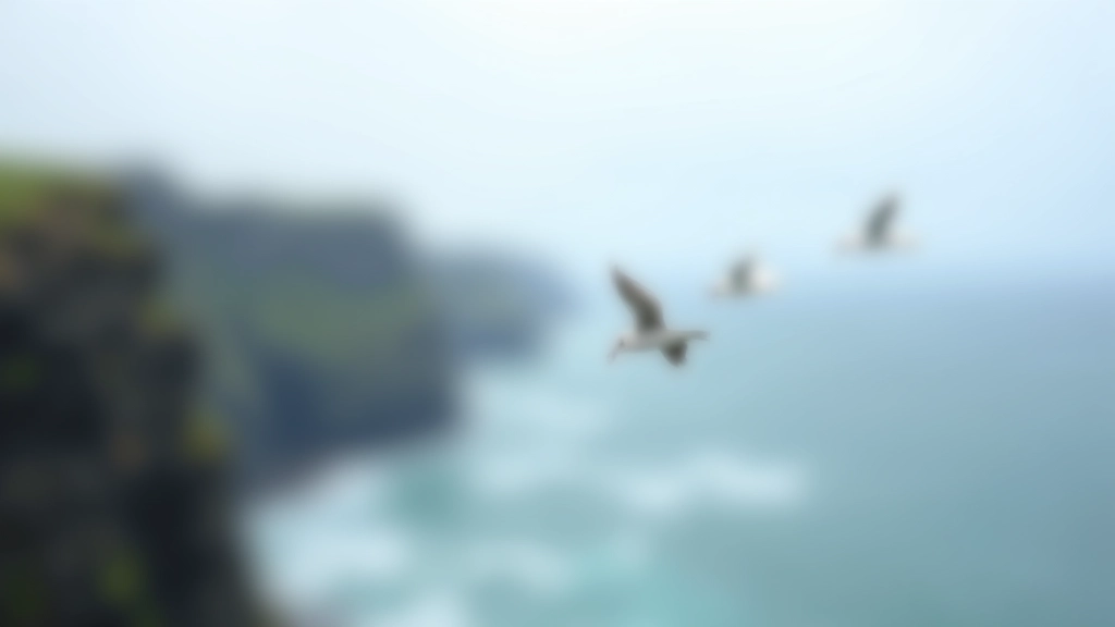 Seabirds flying against a bright sky near clifftop edge, with waves and distant coastline visible below